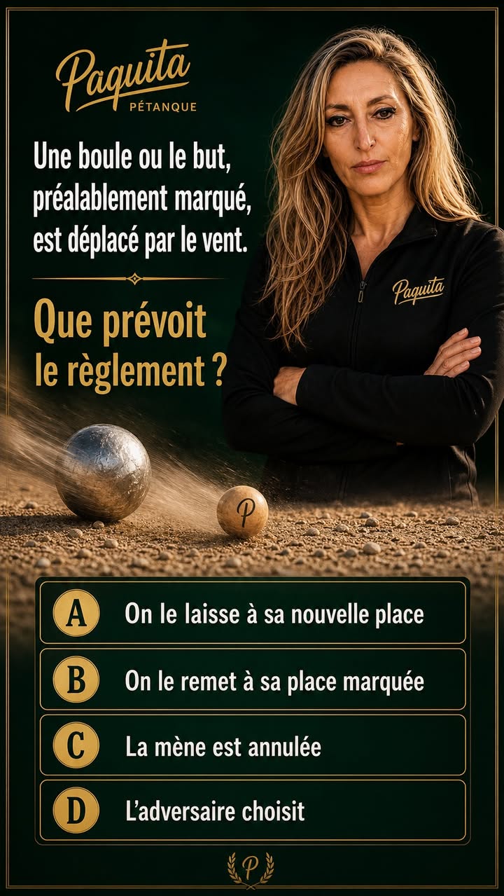Quiz Paquita : Une boule ou le but, préalablement marqué, est déplacé par le vent. Que prévoit le règlement