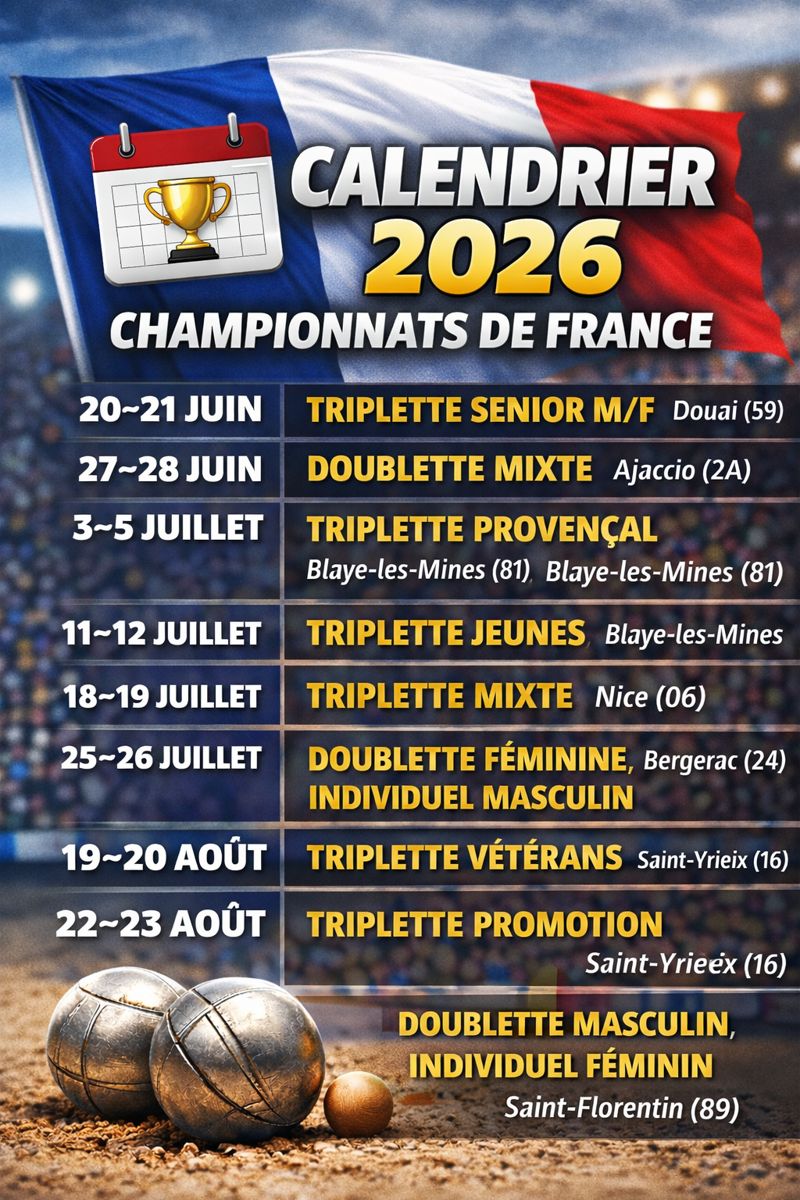 Championnats de france pétanque 2026 - CALENDRIER